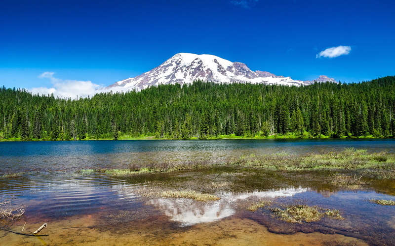 park, landscape, national, lake, sky, 2K, rainier, mountain, water, trees, mount