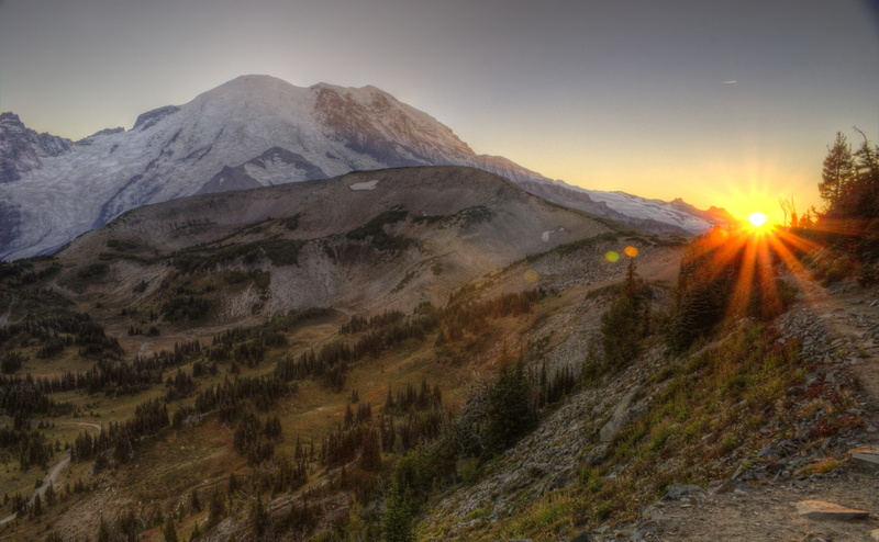 land, Washington, lens flare, nature, beauty in nature, sunset, sky, bright, mountain peak, outdoors, plant, tranquil scene, landscape, 4K, environment