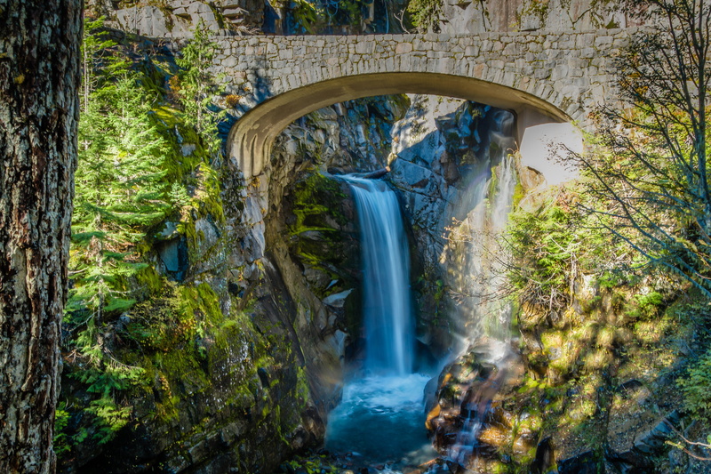 bridge, stones, trees, Mount Rainier National Park, Washington, the bushes, 2K, stream, waterfall, Christine Falls, USA
