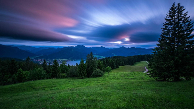 landscape, scenics - nature, grassland, alps, beauty in nature, tree, night, green color, idyllic, meadow, mountain lake, highland, bavaria, tegernsee