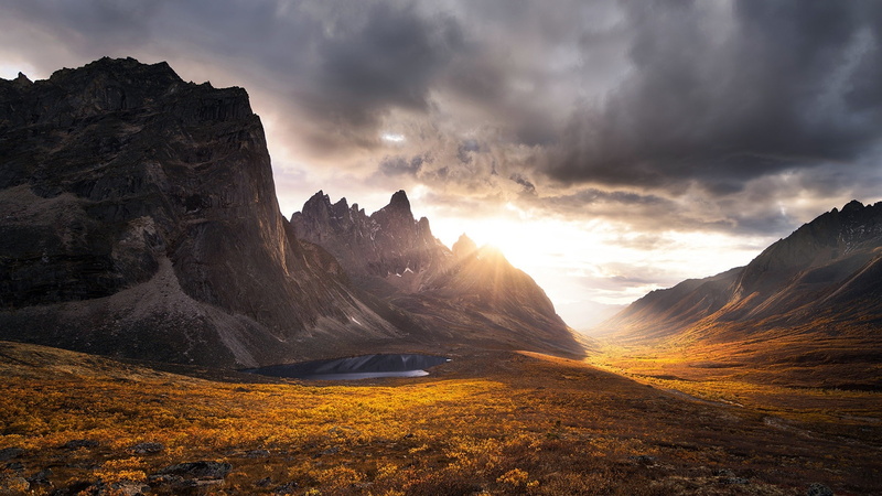 Sunset, Canada, Yukon, Mountains, Pond, Dusk, 1080P, Clouds