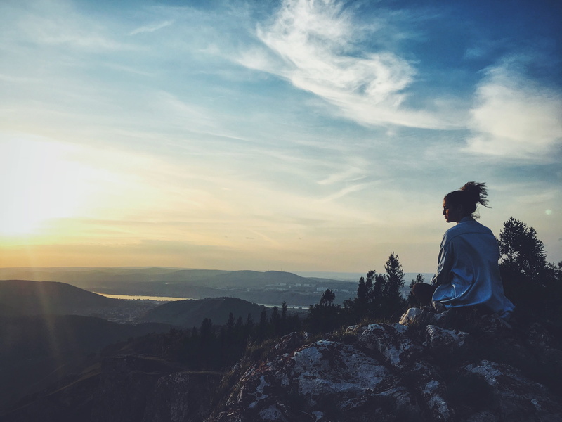 Russia, sunlight, leisure activity, rock, Russian women, sunset, outdoors, sky, one person, photography, mountain, far view, windy, rock - object, back