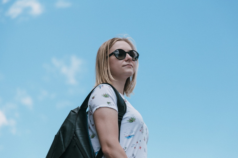 clear day, hairstyle, clear, angle, day, glasses, daytime, warm, wearing, fashion, low angle view, women, looking far away, young women, portrait, sky