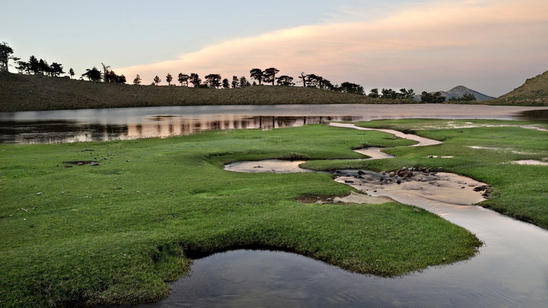 tranquility, green - golf course, golf course, beauty in nature, field, outdoors, nature, scenics - nature, plant, water, sunset, cloud - sky, sky, grass