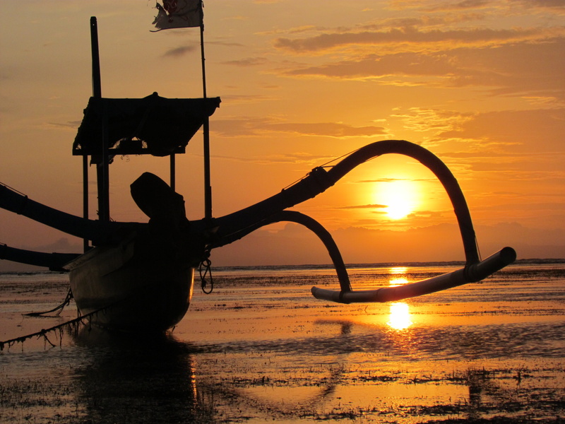 traditional boat, dusk, silhouette, sunset, sand, reflection, transportation, nature, sea, cultures, sunrise - Dawn, water, sanur, morning, orange color