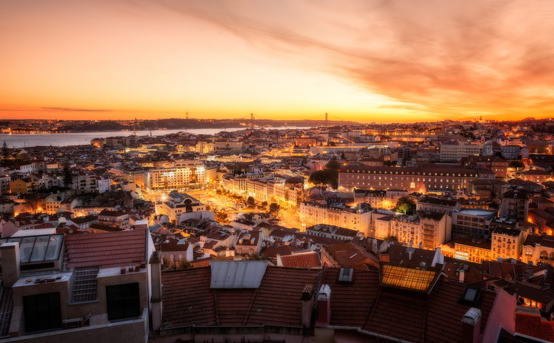 river, Lisbon, building, night city, panorama, Portugal, River Tahu, home, 1080P, sunset, Tagus River