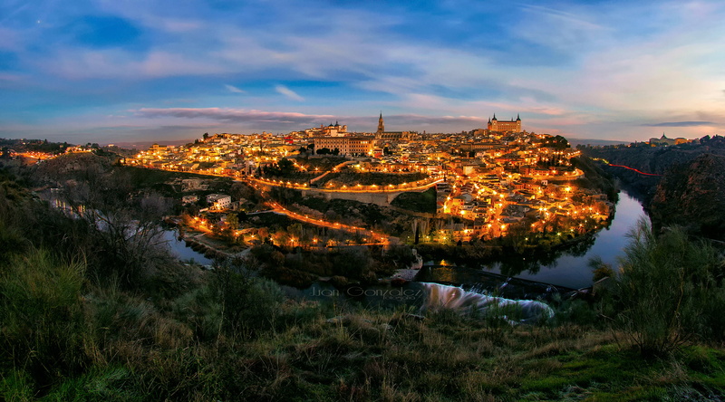water, sky, 1080P, Toledo, built structure, illuminated, cityscape, river, building, the Tagus river, sunset, plant, outdoors, the evening, architecture