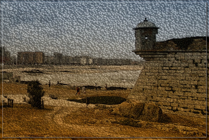 building exterior, mood, wall, sky, the river tagus, old wall, textured effect, name tag, nature, tower, 2K, day, ancient civilization, outdoors, built structure