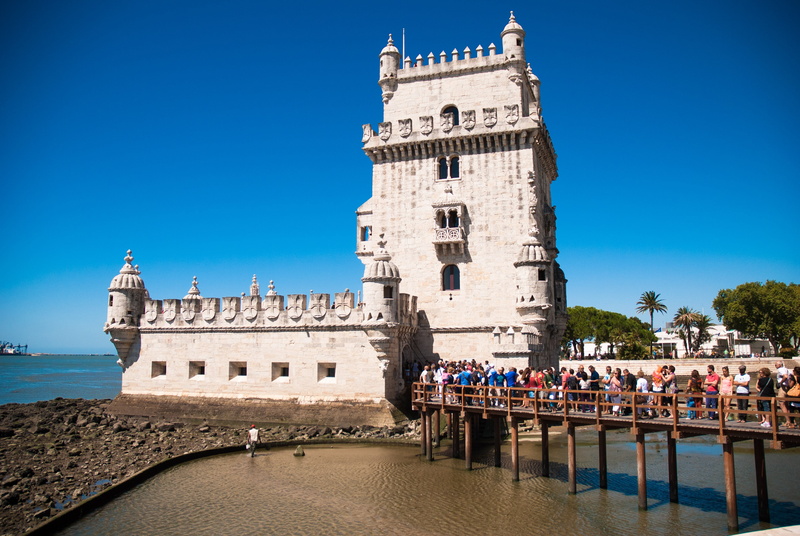 europe, tourist, city, large group of people, group of people, fort, outdoors, belém tower, tourism, lisbon, monument, travel destinations, history, blue
