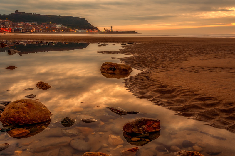 dawn, seascape, tranquil, land, golden hour, tranquility, rock - object, morning, 5K, yorkshire, rock, water, sand, tranquil scene, sky, cloud - sky, beautiful