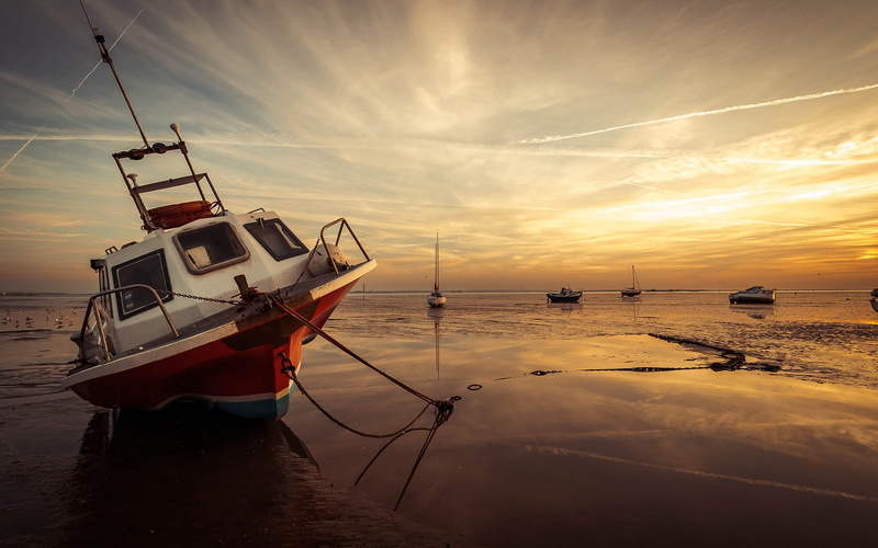 Coast, Boat, low, 1080P, Sea, Tide, Sunset