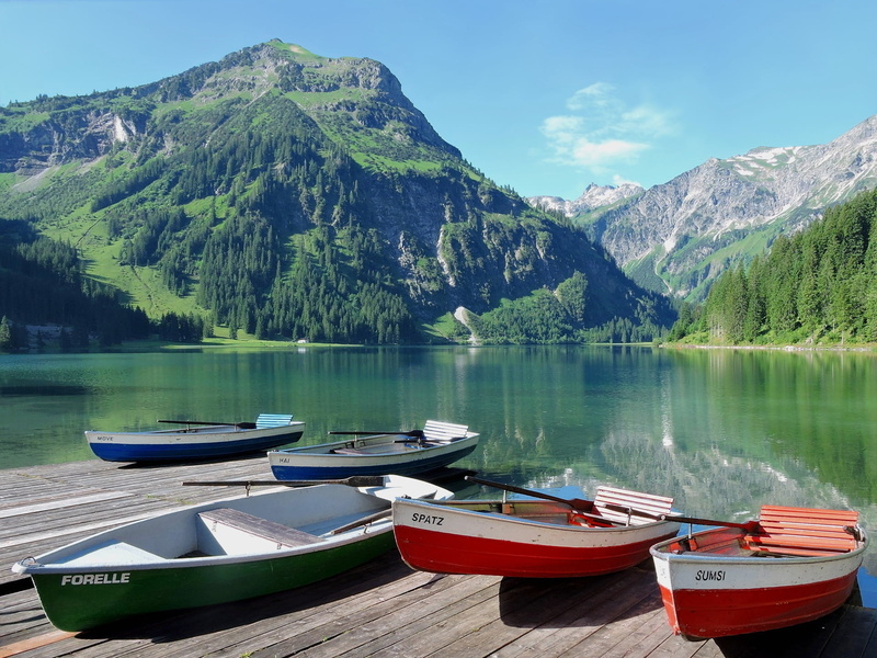 mountain range, tree, rowing boats, scenics, tannheim, five, mountain, nautical vessel, moored, tranquility, reflection, tyrol, sky, body, near, nature