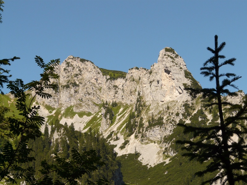 tannheim, clear sky, mountain, nature, beauty in nature, formation, sunlight, no people, outdoors, tree, hike, scenics - nature, low angle view, sebenspitze