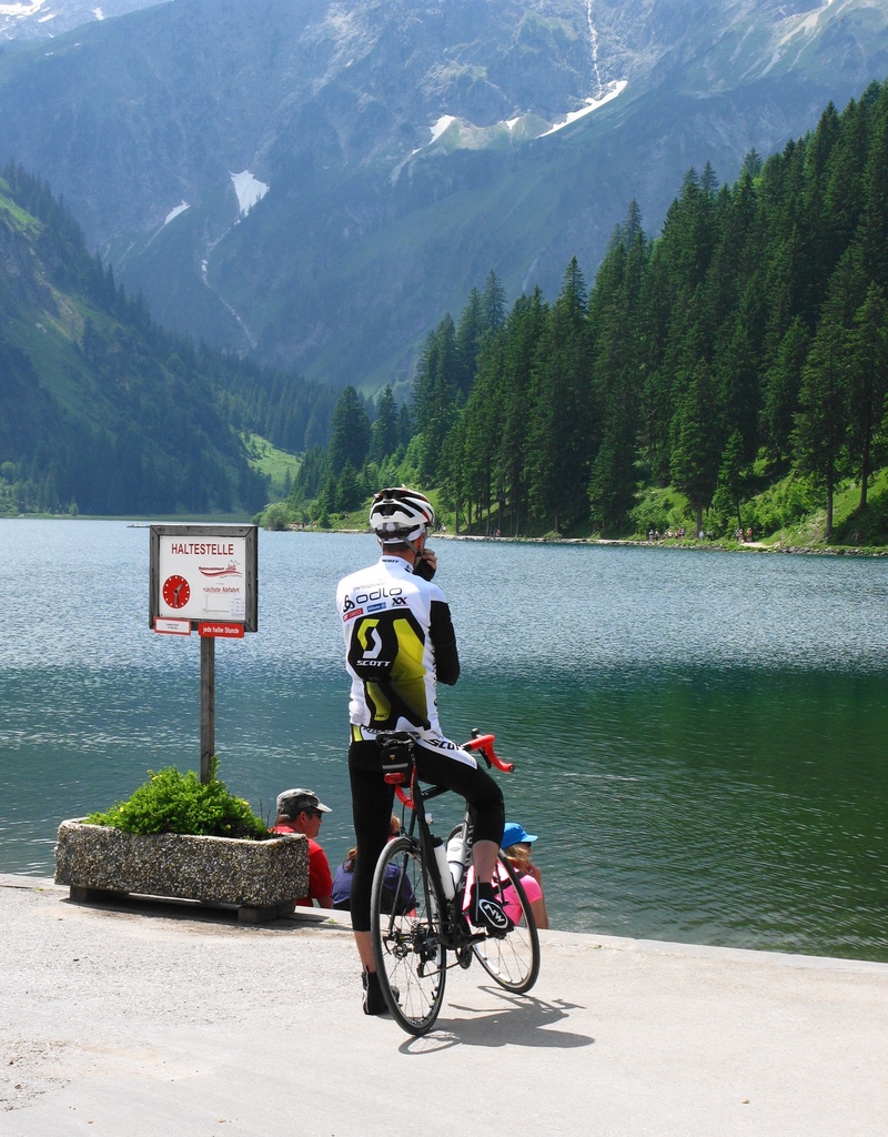 mountain, leisure activity, holiday, real people, trees, 2K, allgäu, women, alpine, road bike, mode of transportation, outdoors, helmet, water, vilsalpsee