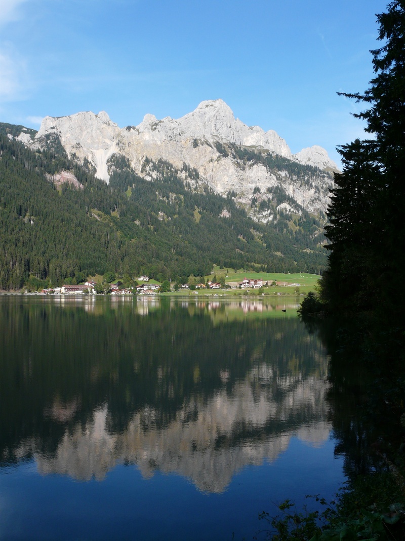 reflection lake, scenics - nature, day, water, tranquility, alpine, lake, tree, tannheim, tranquil scene, waters, haldensee, landscape, red flüh, idyllic