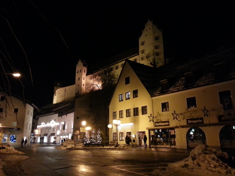 transportation, building, germany, religion, füssen, nature, architecture, city, the past, night, fussen, place of worship, light, road, 2K, building exterior