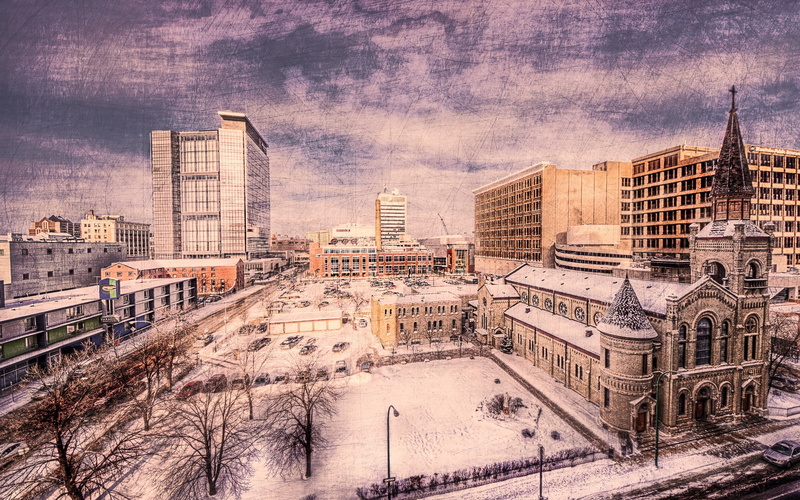 cityscape, street, winter, building exterior, landscape, tree, chapel, snowing, plant, cloud - sky, building, office building exterior, outdoors, cold temperature