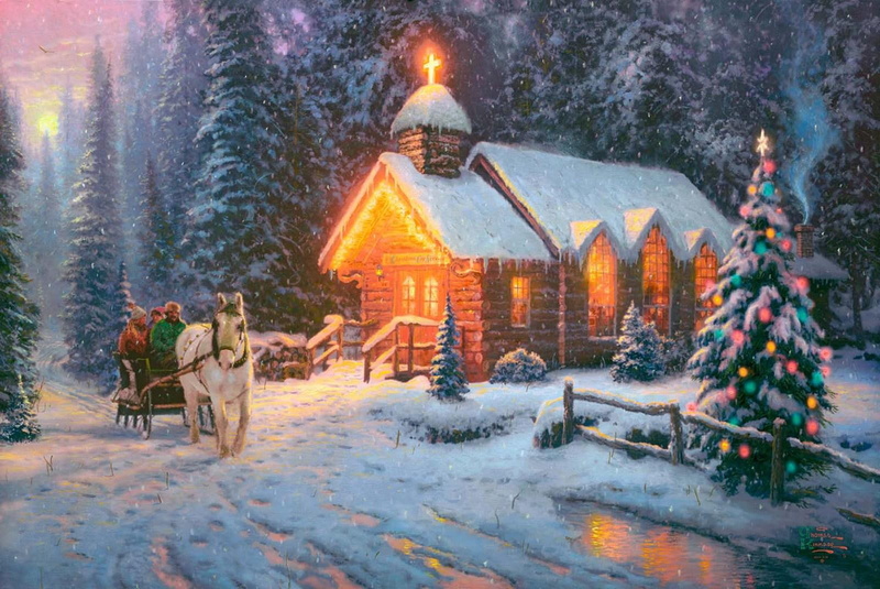 sleigh, christmas, 720P, horse, religion, lights, snow, cross, winter, chapel, trees, cold