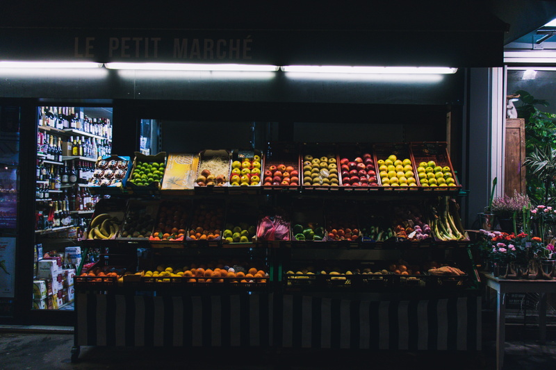 france, dark, grocery store, illuminated, retail display, fruits, food, urban photography, variation, business, sale, paris, freshness, market, display cabinet