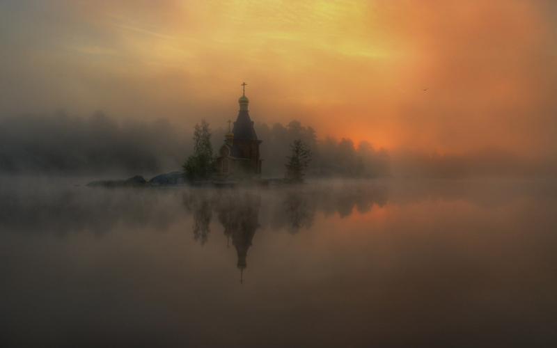 church, river, nature, mist, morning, landscape, 1080P, island, sunlight, reflection, chapel, Russia, lake