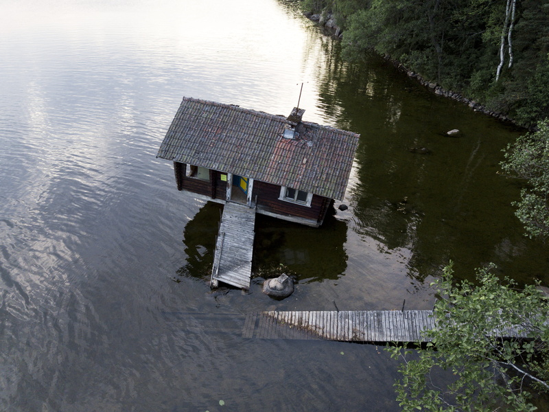 architecture, outdoors, sauna, unique locations, wood - material, rippled, tampaja, floating, lake, broken sauna, nature, finland, crooked sauna, floating on water