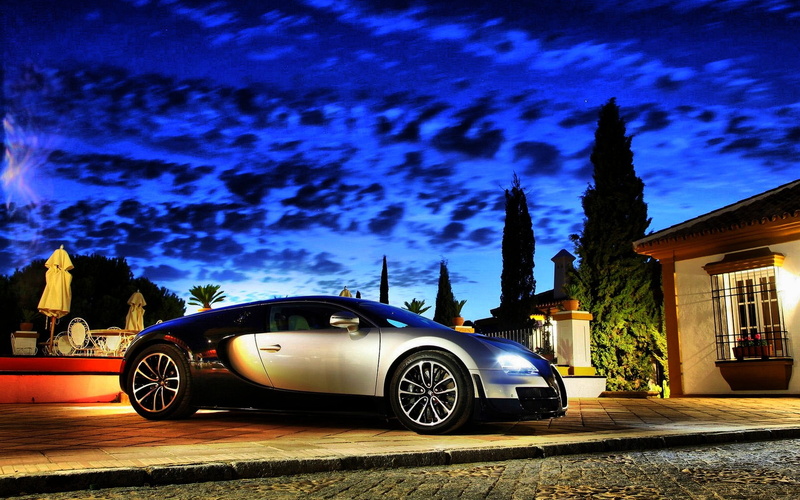 transportation, night, vintage car, luxury, street, retro styled, sky, cloud - sky, 1080P, black, city, white, Bugatti Veyron, building exterior, architecture