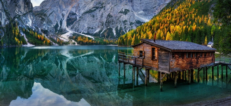 forest, mountains, cabin, Alps, landscape, fall, trees, turquoise, lake, Italy, chapel, nature, water, reflection, 720P