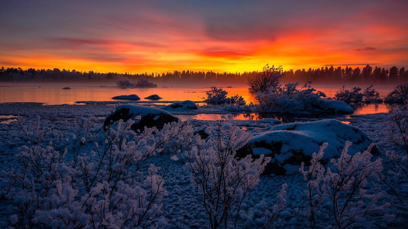 sunset, no people, environment, sweden, orange sky, nature, landscape, cloud - sky, lapland, sky, orange color, winter, bush, water, 1080P, hornavan, tranquil scene