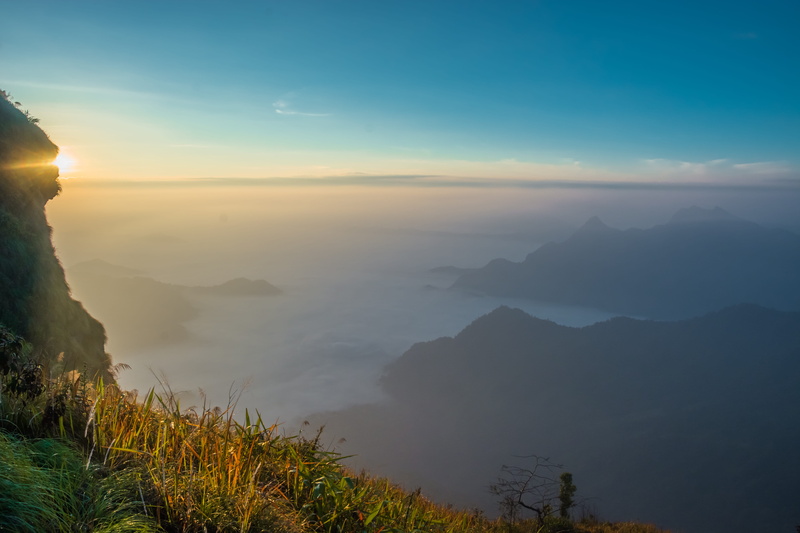mountain, mountain range, no people, plant, fog, outdoors, laos, nature, environment, sunset, non-urban scene, landscape, sky, idyllic, cloud - sky, thailand