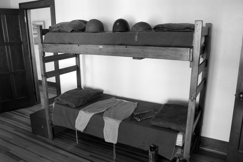 oklahoma, wall - building feature, seat, domestic room, flooring, 1080P, bunk beds, furniture, absence, black and white, still life, fort reno, day, empty
