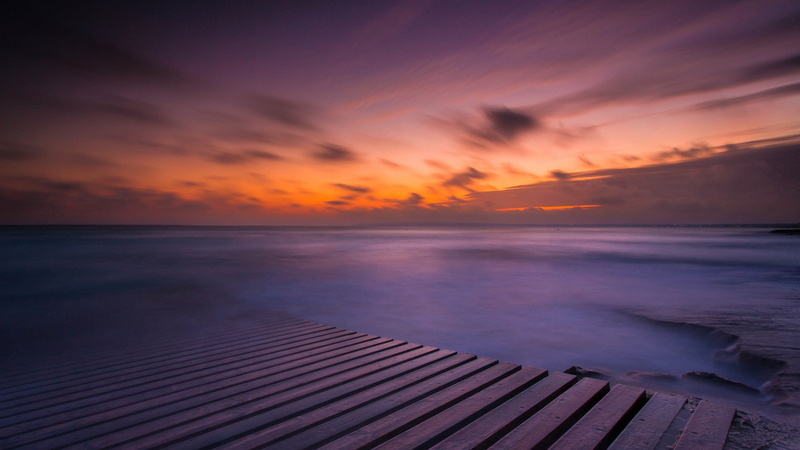 landscape, water, planks, long exposure, pier, sunset, wooden surface, rock, waves, sea, horizon, nature, 1080P, clouds