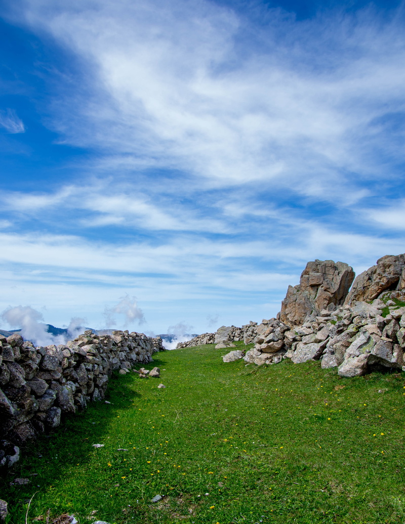 grass, rock - object, green field, plant, mountain, beauty in nature, no people, the stones are, green color, road, solid, green, environment, cloud - sky