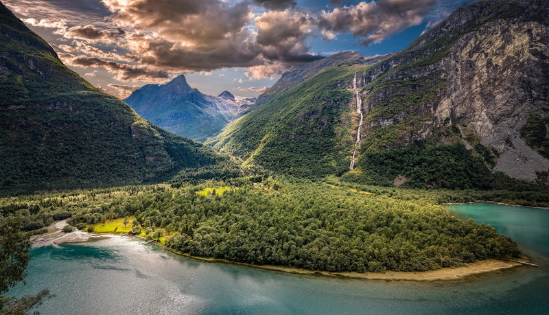 panorama, Vikan, lake, 1080P, Norway, clouds, valley, Sogn og Fjordane, Sogn and Fjordane, mountains, Vikane