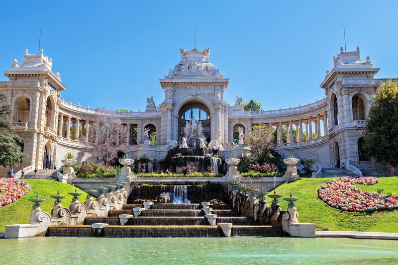 cities, sculptures, palace, france, 2K, palais, waterfalls, marseille