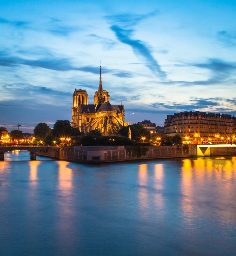evening, church, seine, reflections, illuminated, cathédrale notre-dame de paris, long exposure, clouds, waterfront, blue sky, the past, travel, bridge