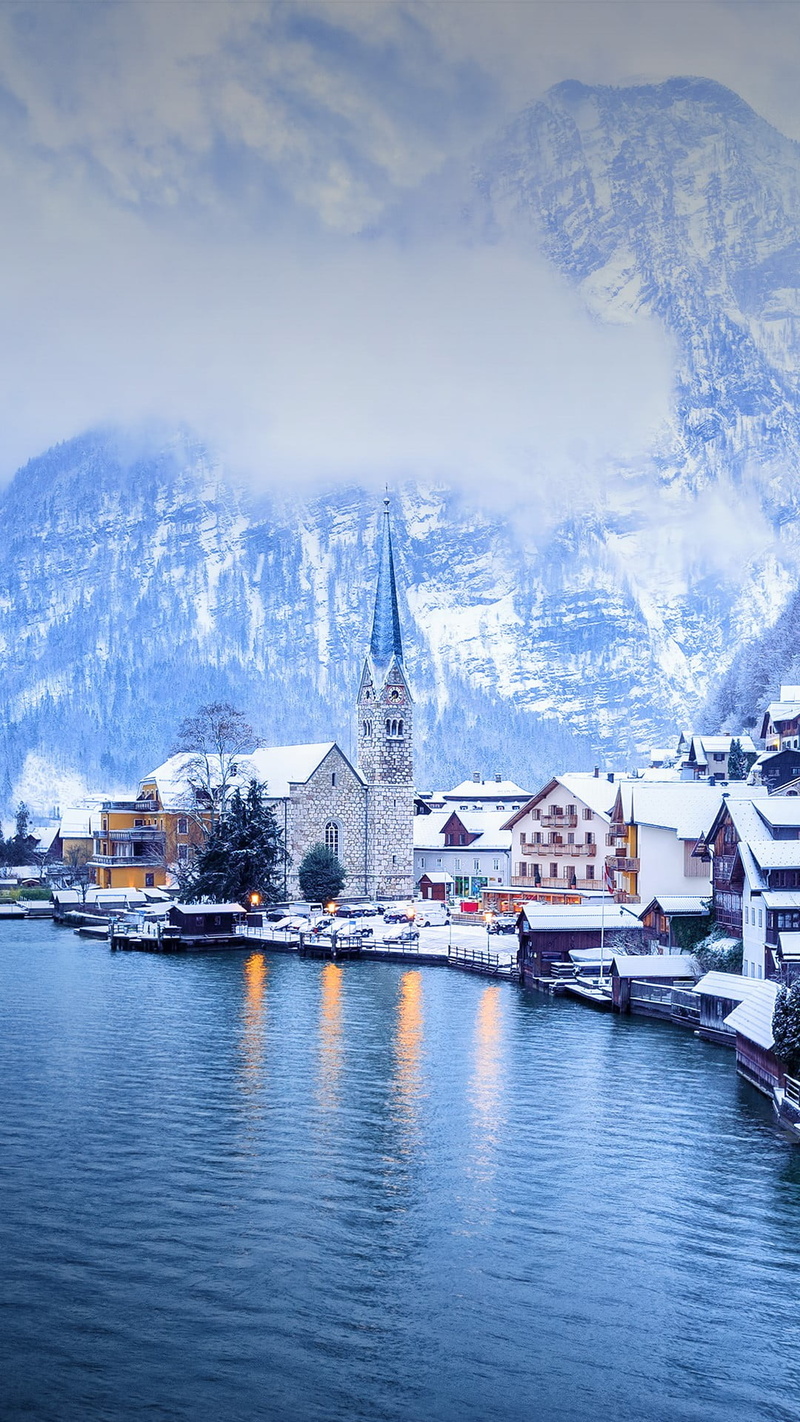 river, Hallstatt, mountains, Austria, winter, snow, 1080P, landscape