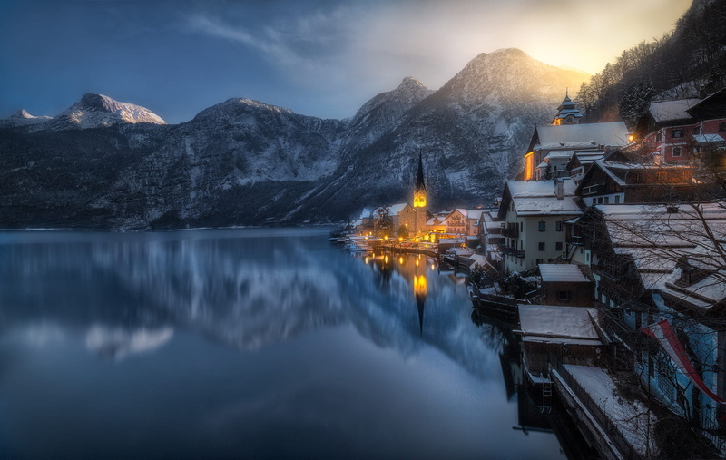 mountains, winter, 1080P, reflection, Hallstatt, cityscape