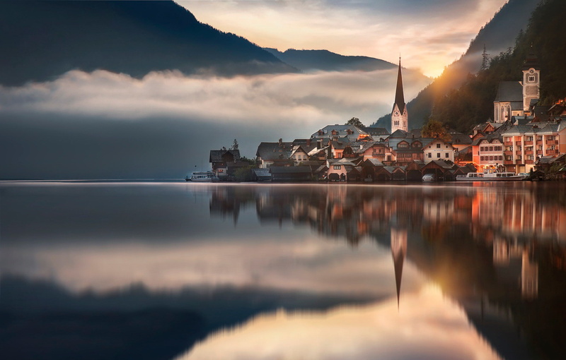 cloud - sky, 1080P, city, sunset, no people, nature, beauty in nature, landscape, travel destinations, waterfront, photography, river, Hallstatt, architecture