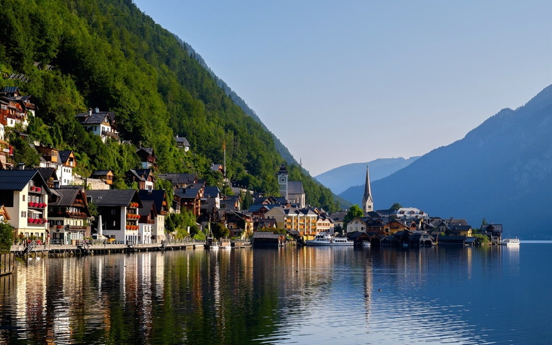 Alps, Lake, Houses, Hallstatt, Mountain, 1080P