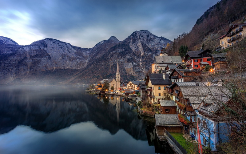 mountains, reflection, 1080P, Hallstatt, town, landscape, lake