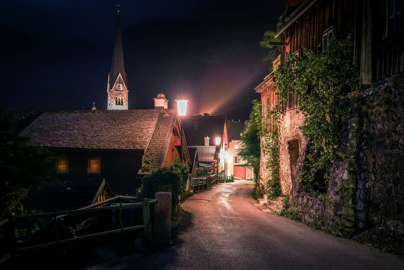 1080P, community, lighting, Hallstatt, town, Austria, night, lights, street, home