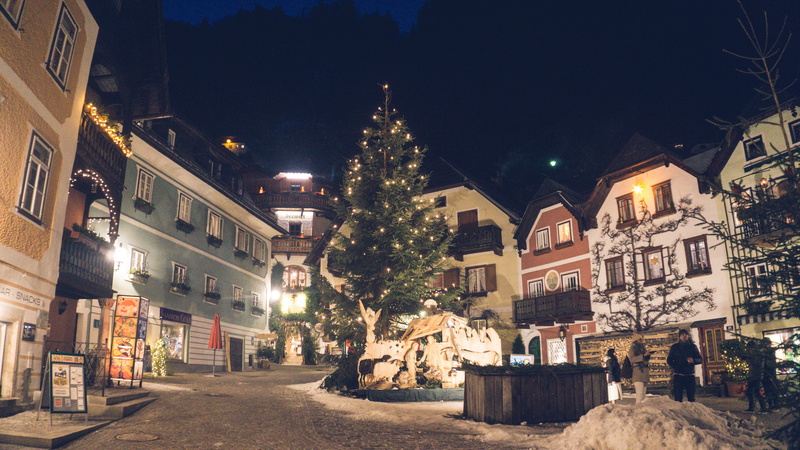place of worship, decoration, tree, building, architecture, night, winter, hallstatt, building exterior, nature, built structure, austria, christmas decoration