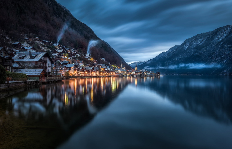 Hallstatt, Night, Town, Reflection, 1080P, Austria, Towns, Mountain, Lake, House