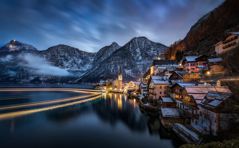 nature, winter, no people, Hallstatt, river, cold temperature, building, building exterior, cloud - sky, 1080P, lake, digital, night, home, scenics - nature