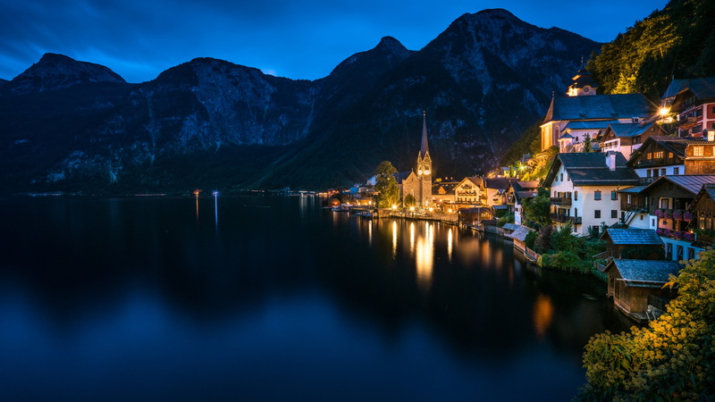 Alps, mountains, 4K, Austria, Lake Hallstatt, home, town, Hallstatt, night, building, lake