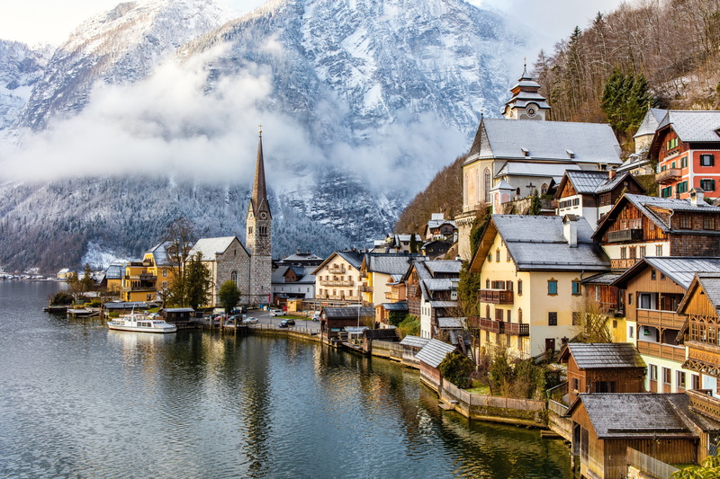 no people, home, plant, architecture, mountains, day, Hallstatt, building exterior, 8K, mountain, river, concrete, built structure, house, place of worship