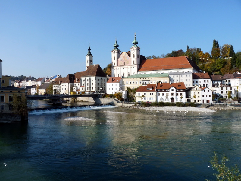 built structure, river, upper austria, city, architecture, enns, sky, no people, blue, religion, waterfront, outdoors, 2K, church, building, day, clear sky