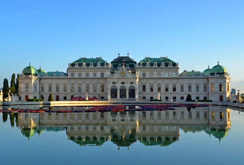 johann lukas von hildebrandt, morning light, lake, baroque, government, building exterior, water, barockschloss, reflection, clear sky, symmetry, unesco world heritage
