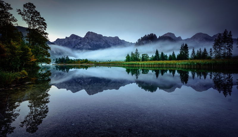Austria, trees, mountains, reflection, fog, lake, Upper Austria, morning, Lake Almsee, 4K, Alps, Lake Else