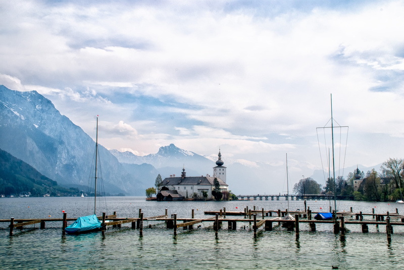 mountain, day, holiday, sky, 2K, travel, austria, building exterior, nature, travel destinations, docks, waterfront, wooden, lake, mountain range, moored